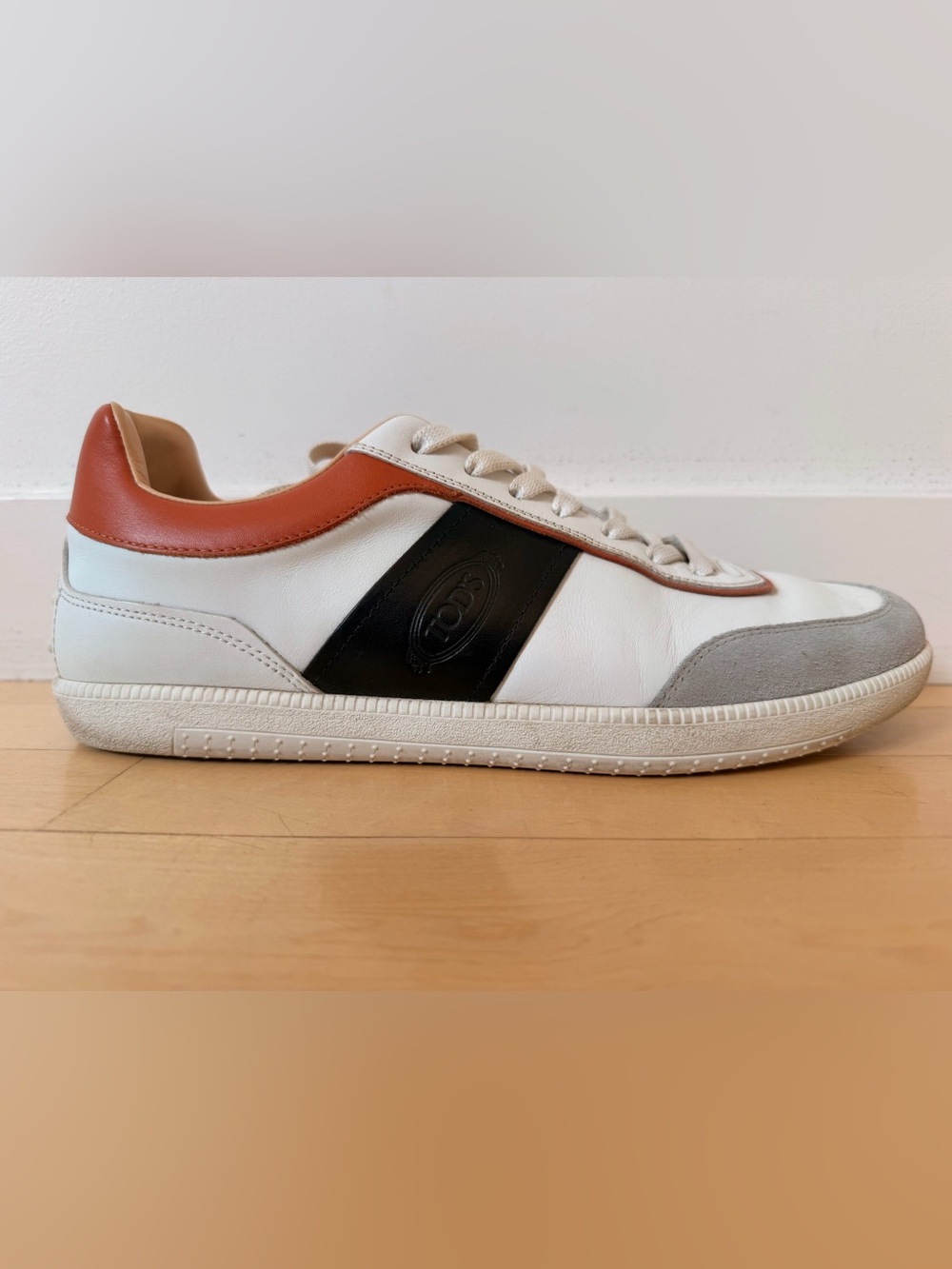 Tod's White Leather Sneakers with Black Stripe and Brown Trim